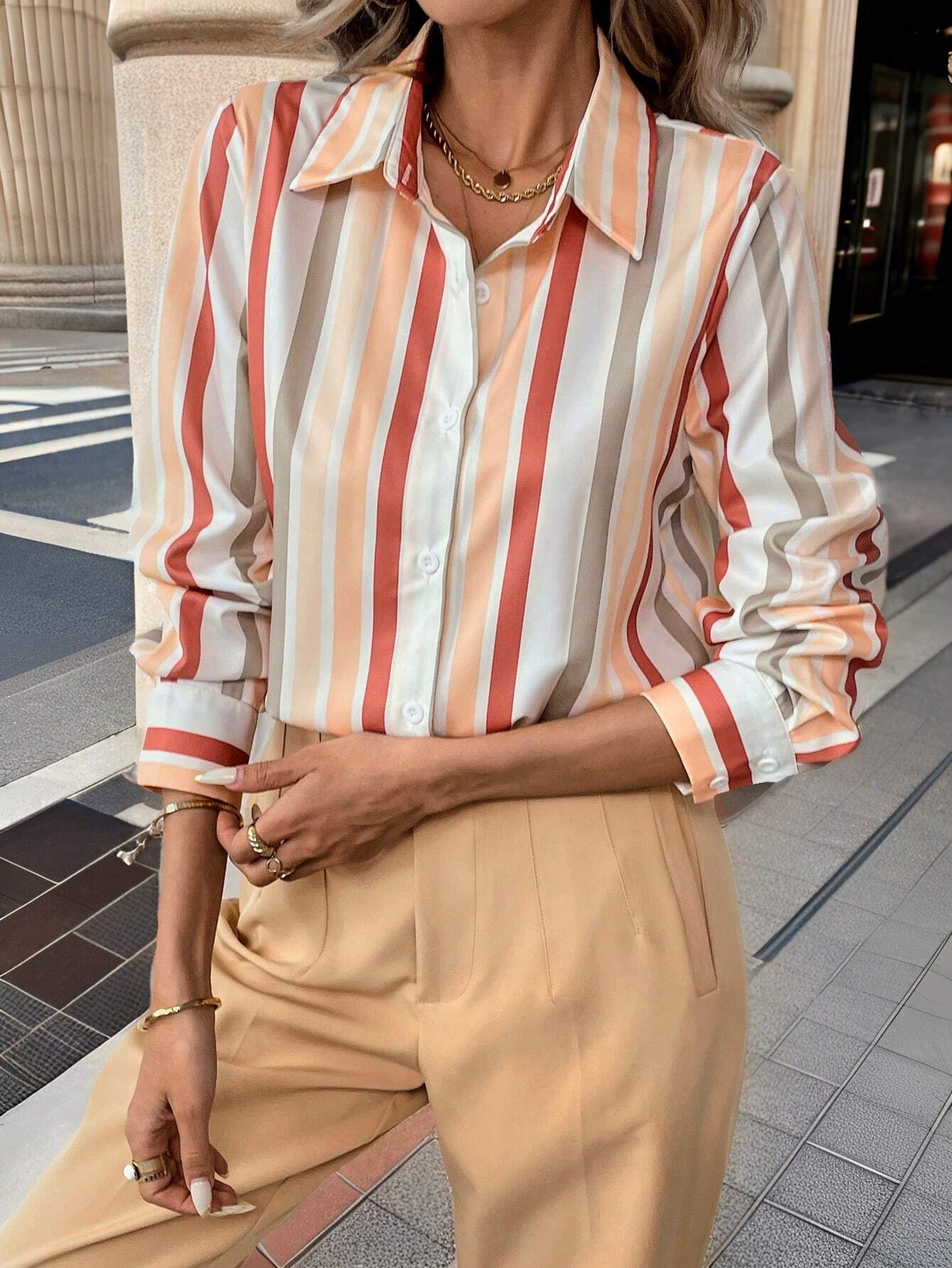 Women Loose Long Sleeve Casual Striped Shirt