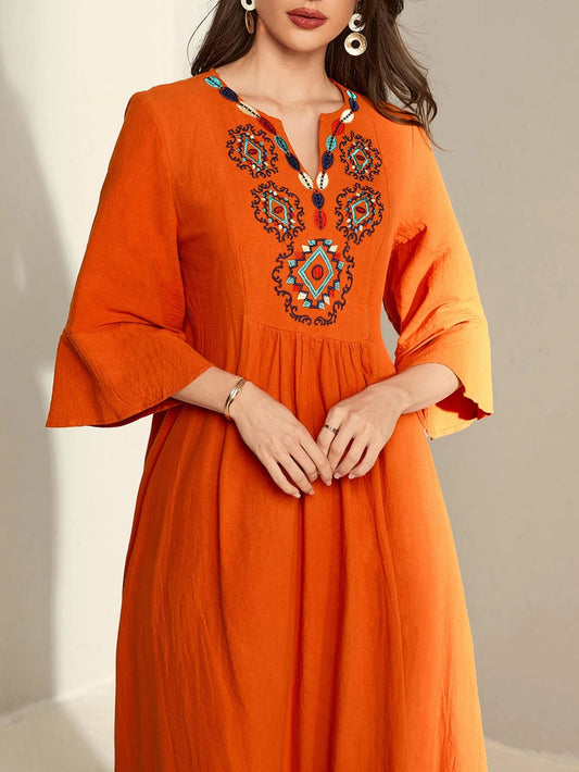 Embroidery Notched Neck Smock Dress
