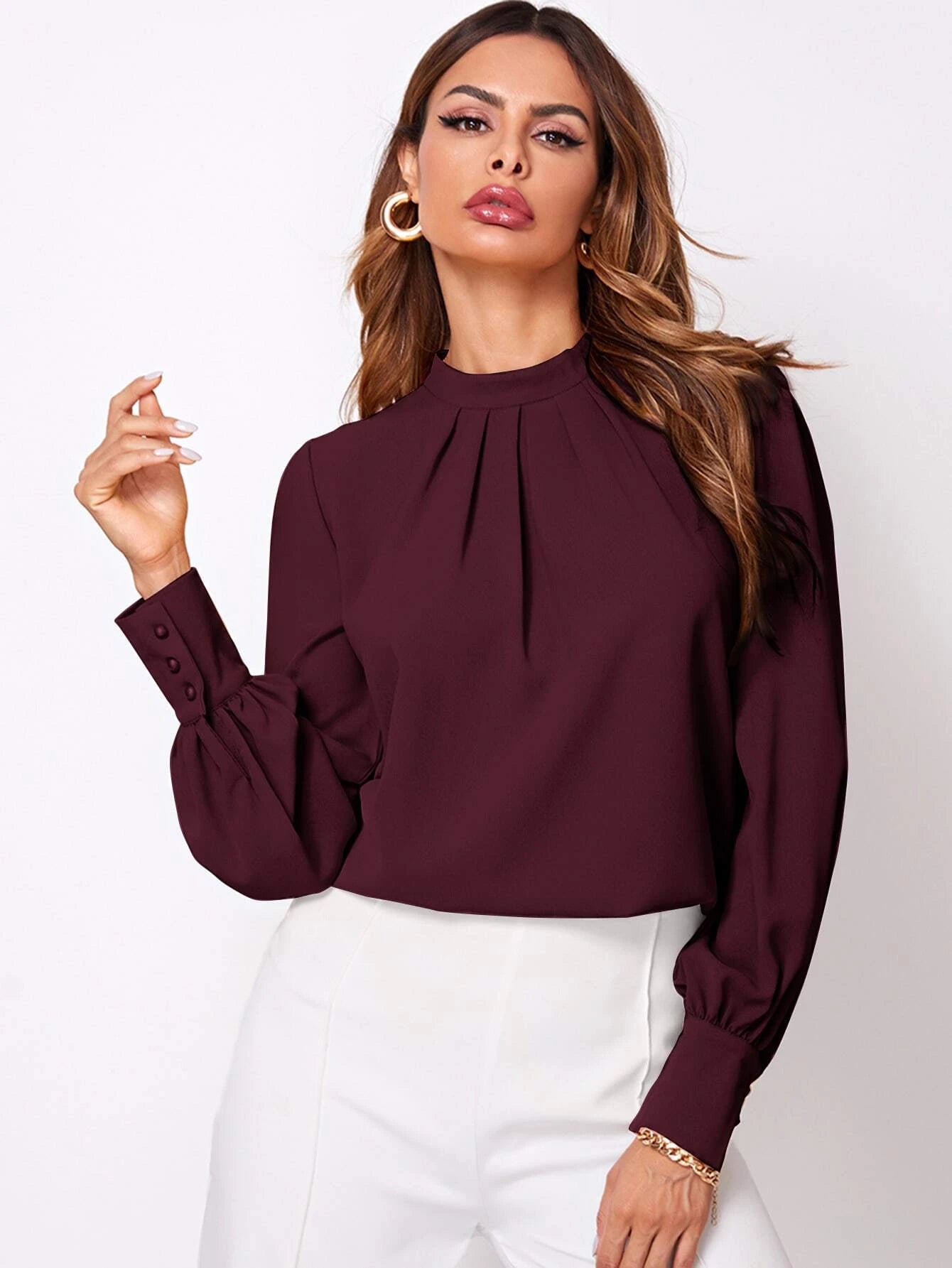 Solid Ruched Keyhole Back Blouse