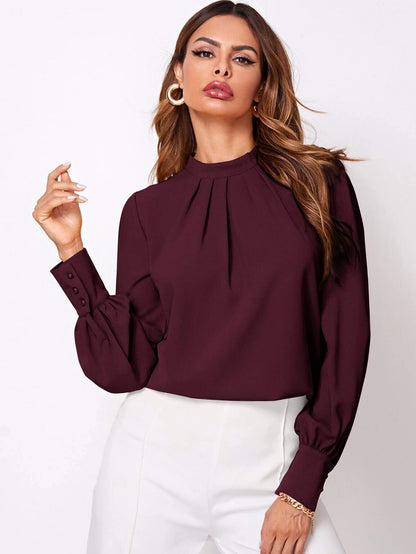Solid Ruched Keyhole Back Blouse