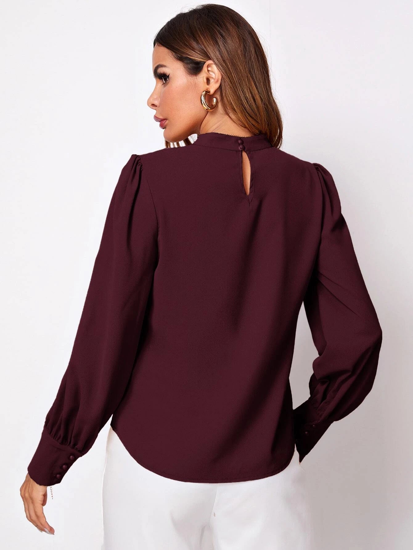 Solid Ruched Keyhole Back Blouse