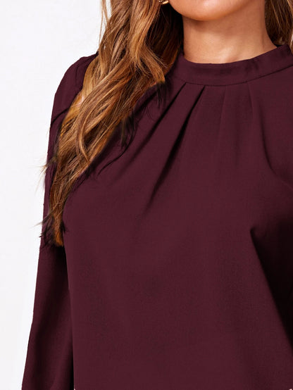 Solid Ruched Keyhole Back Blouse