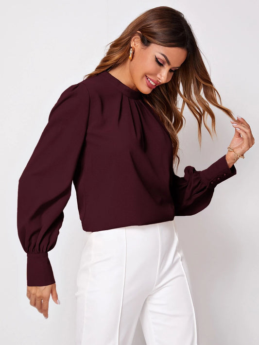 Solid Ruched Keyhole Back Blouse