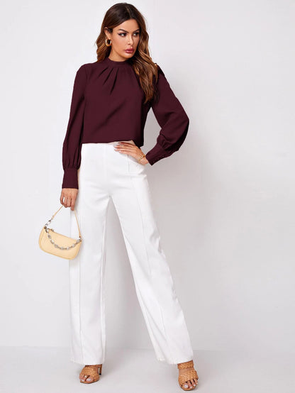 Solid Ruched Keyhole Back Blouse