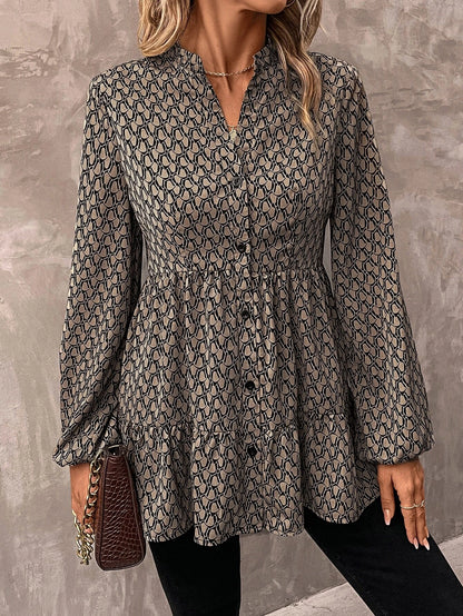 Allover Print Lantern Sleeve Ruffle Hem Shirt