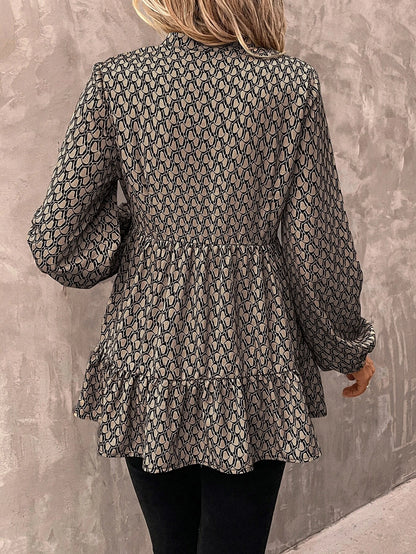 Allover Print Lantern Sleeve Ruffle Hem Shirt