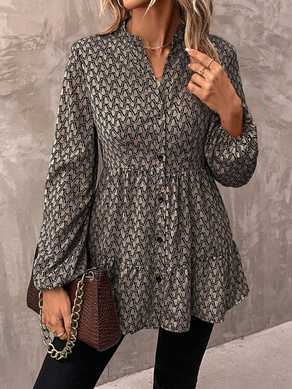 Allover Print Lantern Sleeve Ruffle Hem Shirt