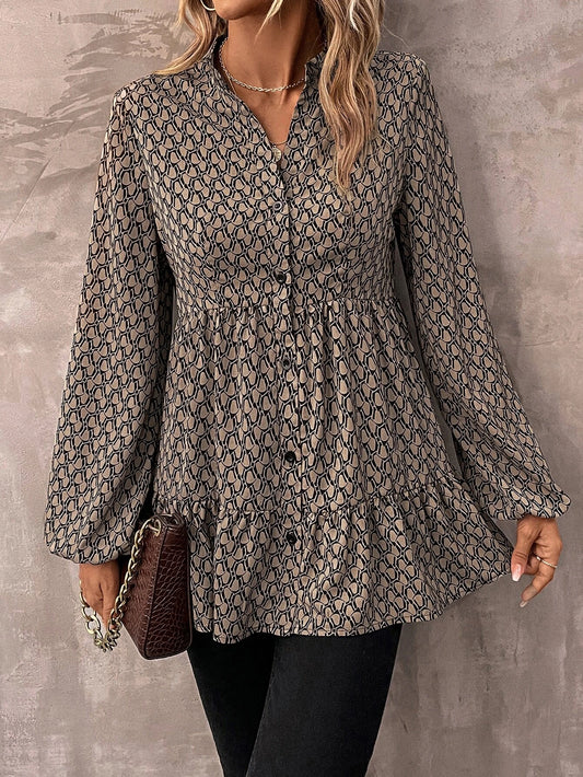 Allover Print Lantern Sleeve Ruffle Hem Shirt