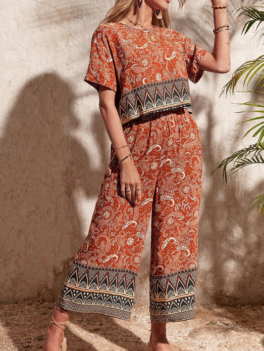 Paisley Print Blouse & Wide Leg Pants