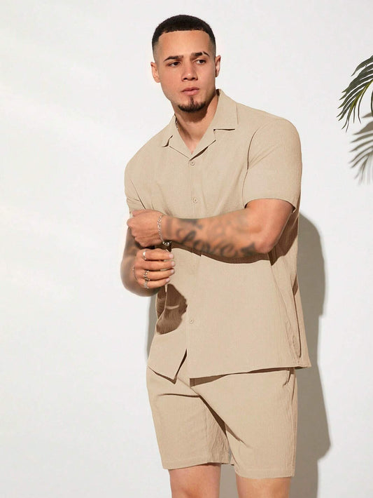 Khaki Casual Button-Front Shorts Set