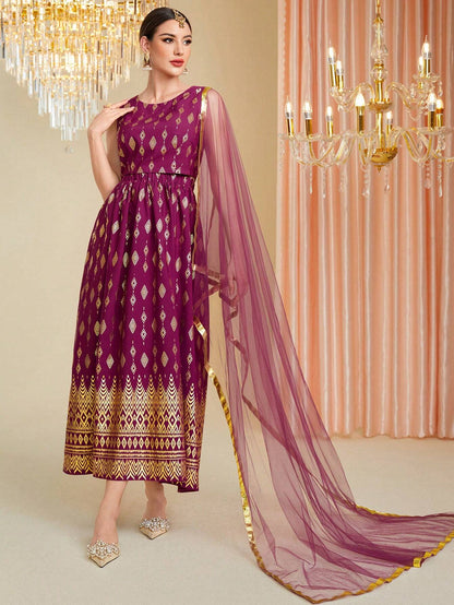 Golden Printed Patchwork Mesh Kurtis Top