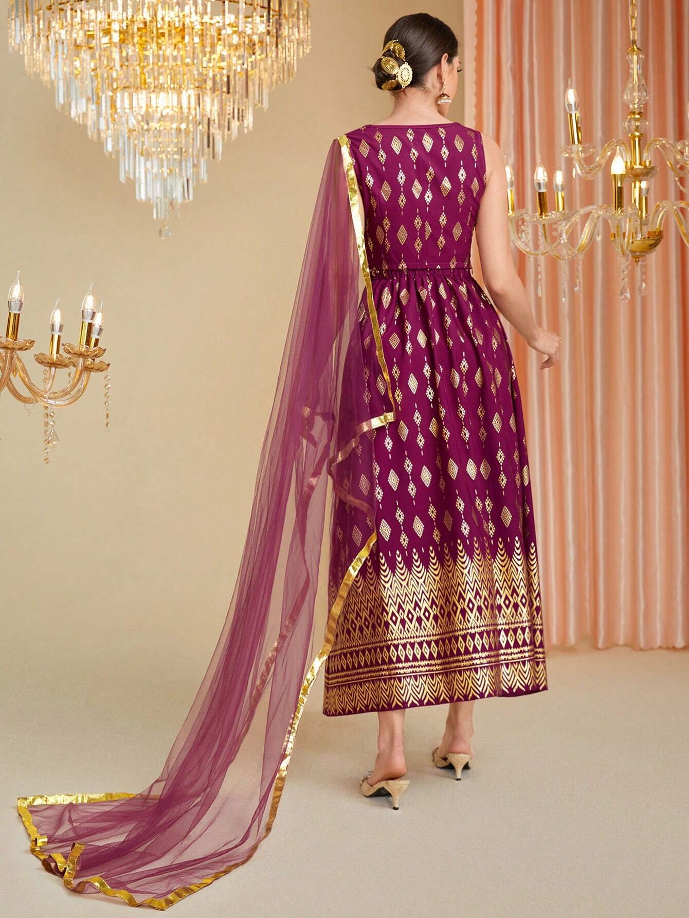 Golden Printed Patchwork Mesh Kurtis Top
