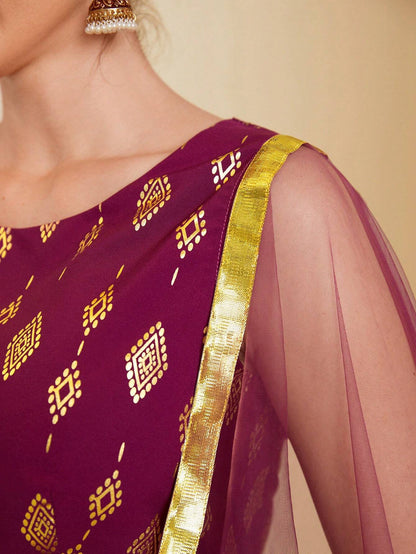 Golden Printed Patchwork Mesh Kurtis Top