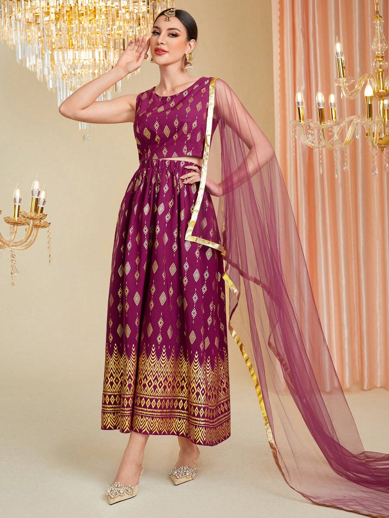 Golden Printed Patchwork Mesh Kurtis Top