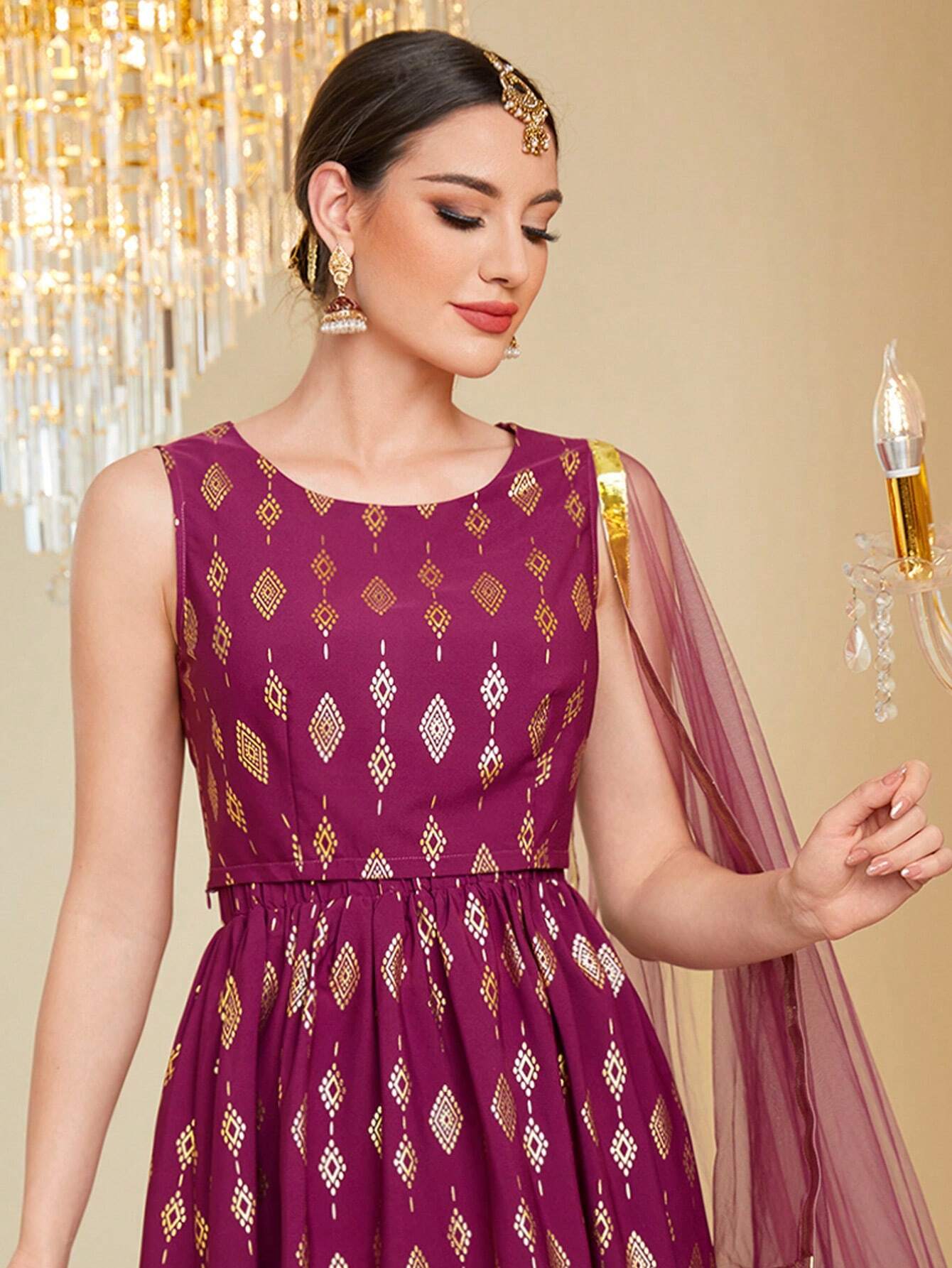 Golden Printed Patchwork Mesh Kurtis Top