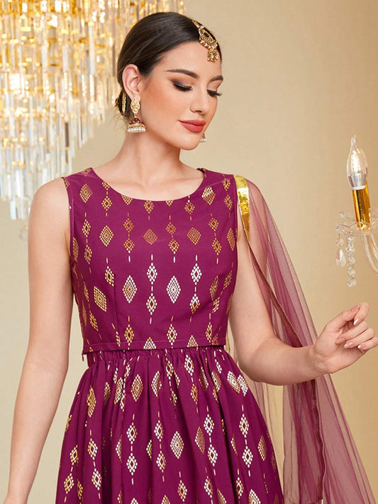 Golden Printed Patchwork Mesh Kurtis Top