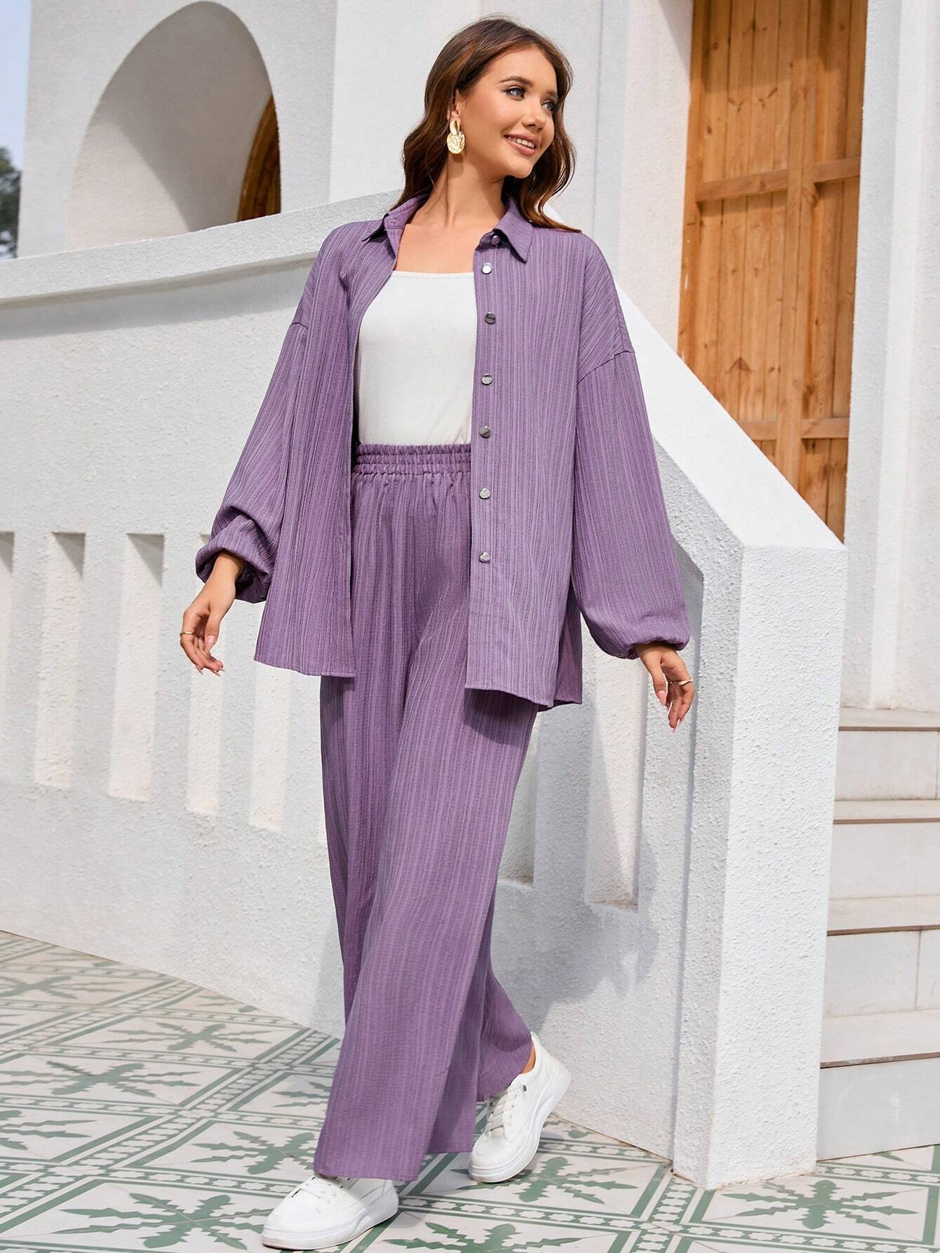 Textured Lantern Sleeve Suit