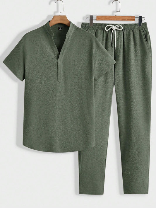 Green Casual Drawstring Pants Set