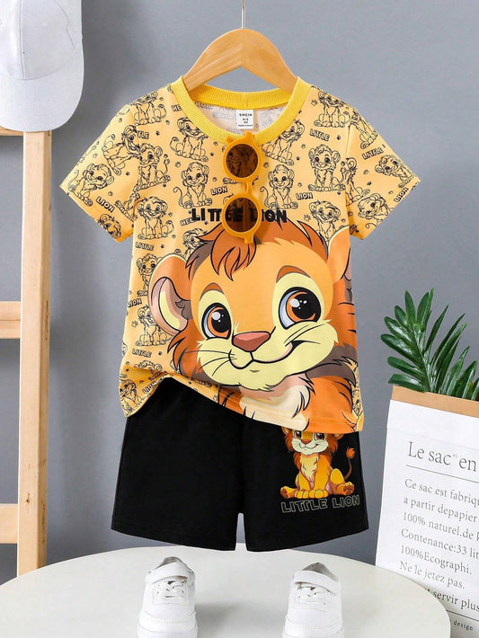 Lion Print Short Sleeve T-Shirt And Shorts