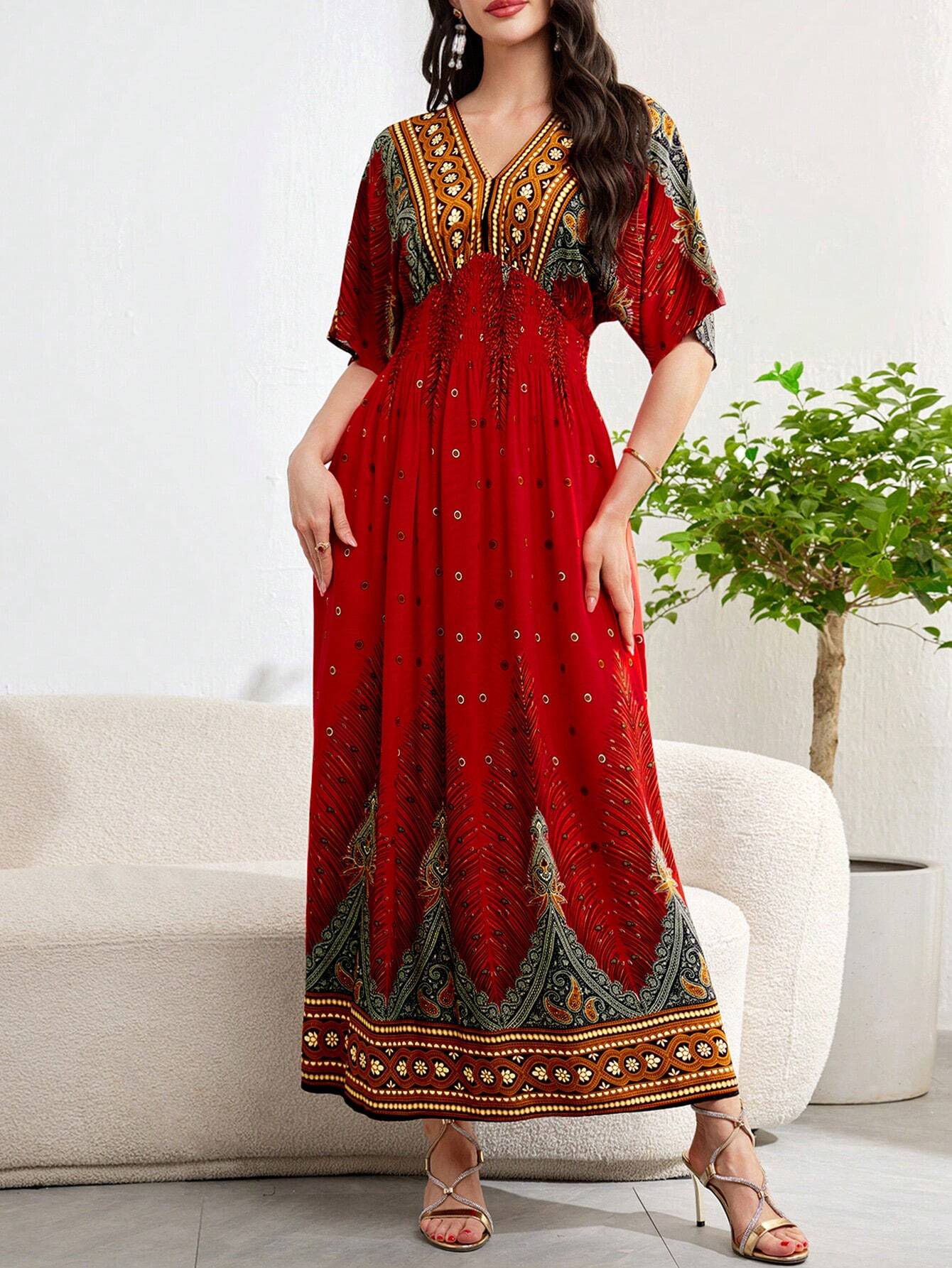 Burgundy Red Graphic Summer Dress