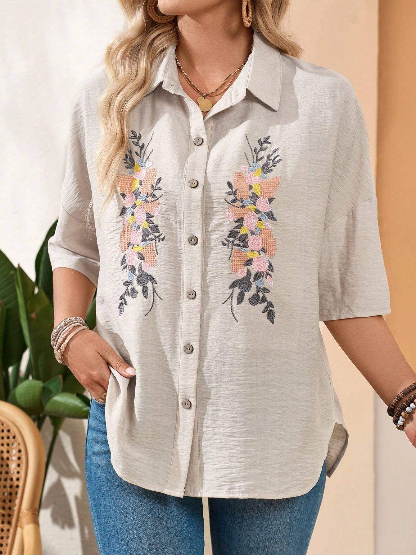 Embroidered Ladies' Casual Linen Summer Top Shirt