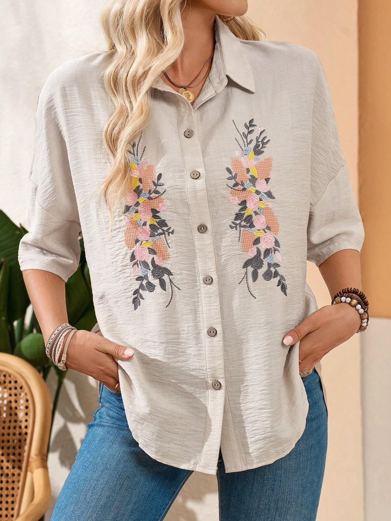 Embroidered Ladies' Casual Linen Summer Top Shirt