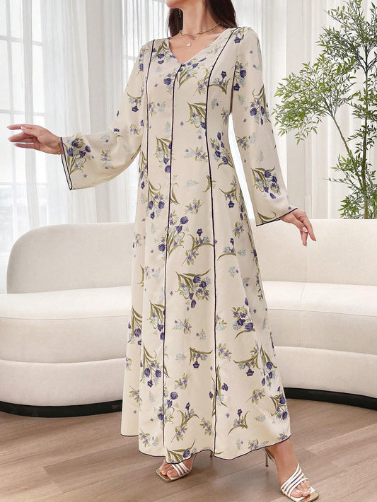 Floral Printed Bell Sleeve Long Dress