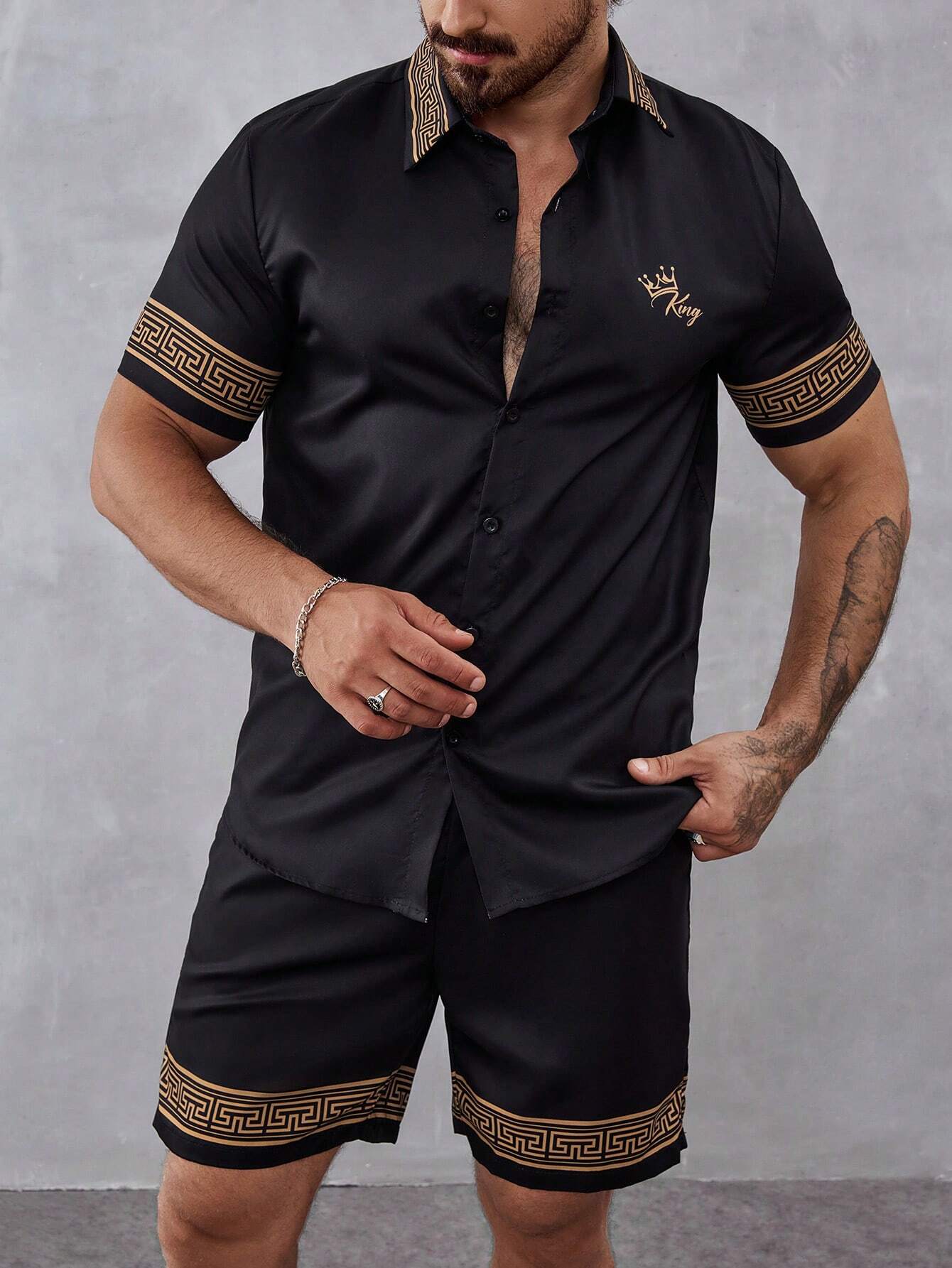 Black Graphic Print Shorts Set