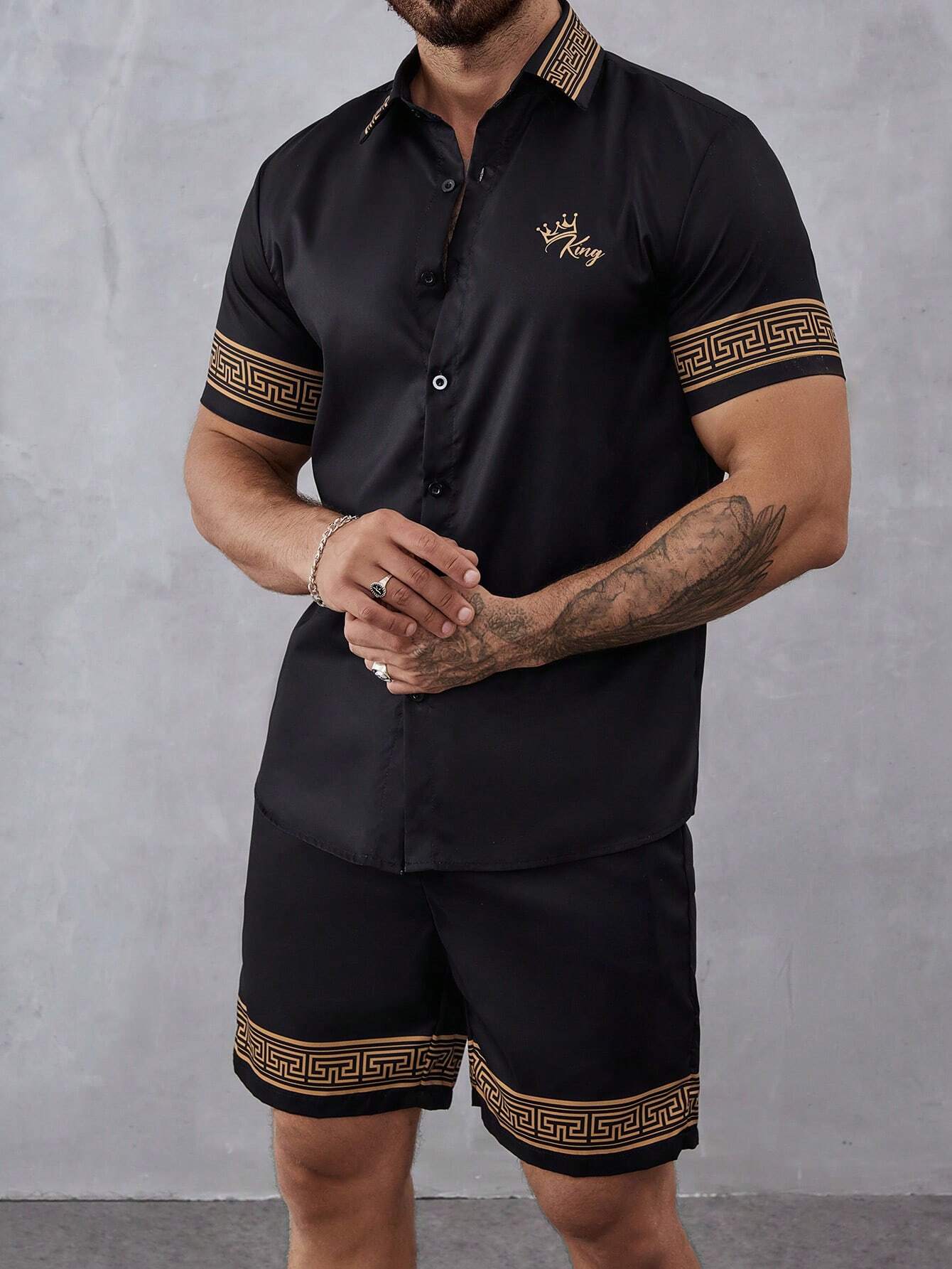 Black Graphic Print Shorts Set