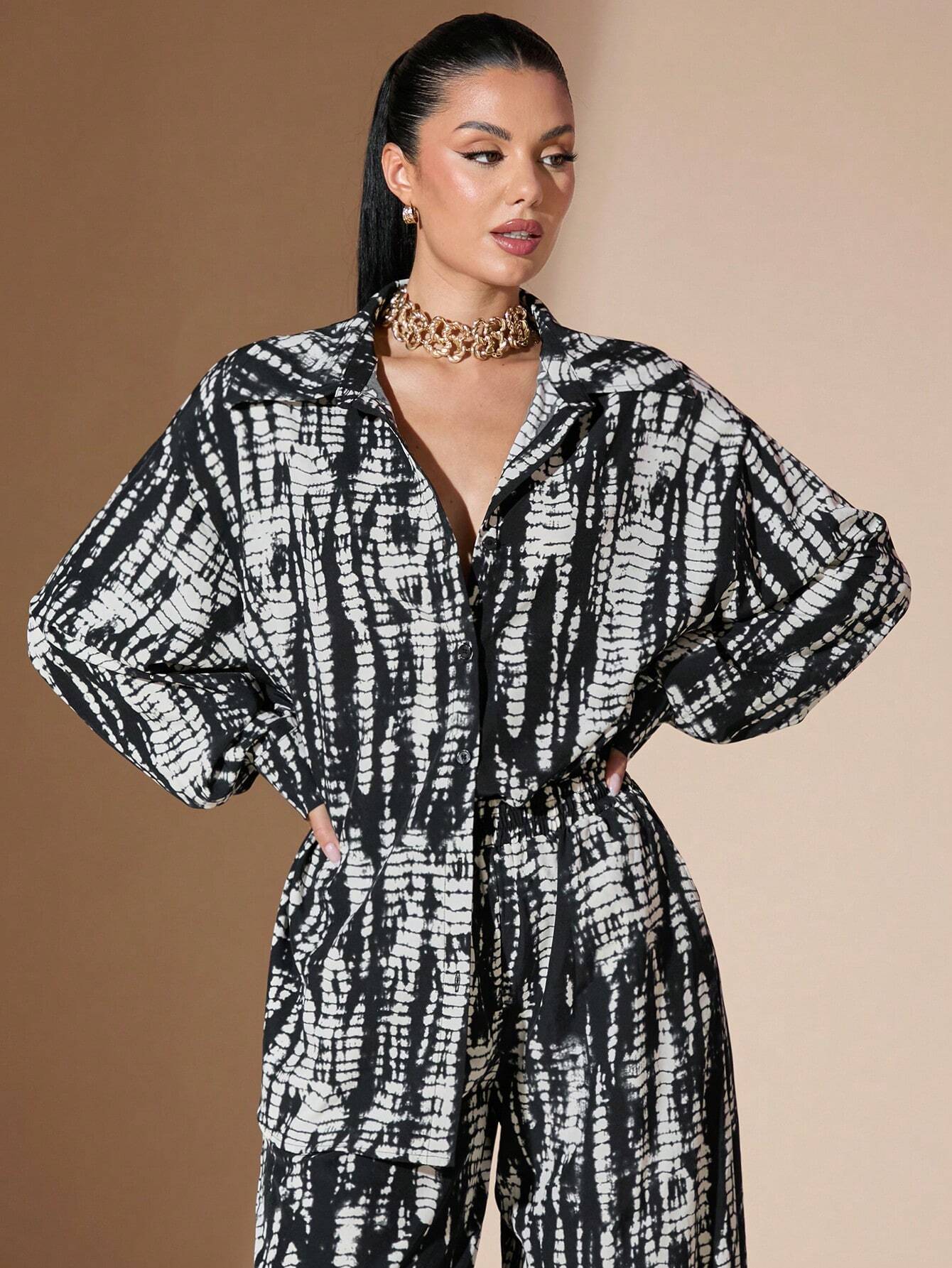Black & White Tie-Dye Print Oversized Casual
