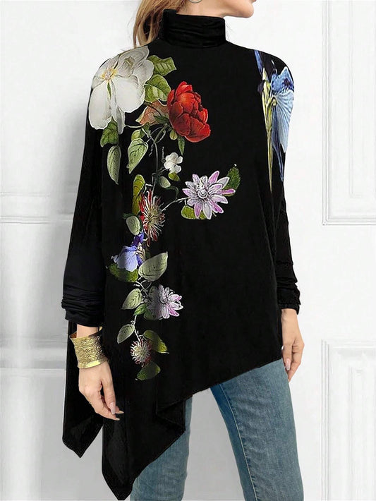 Stand Collar Floral Print Asymmetric Hem T-Shirt