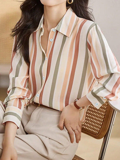 Women Loose Long Sleeve Casual Striped Shirt