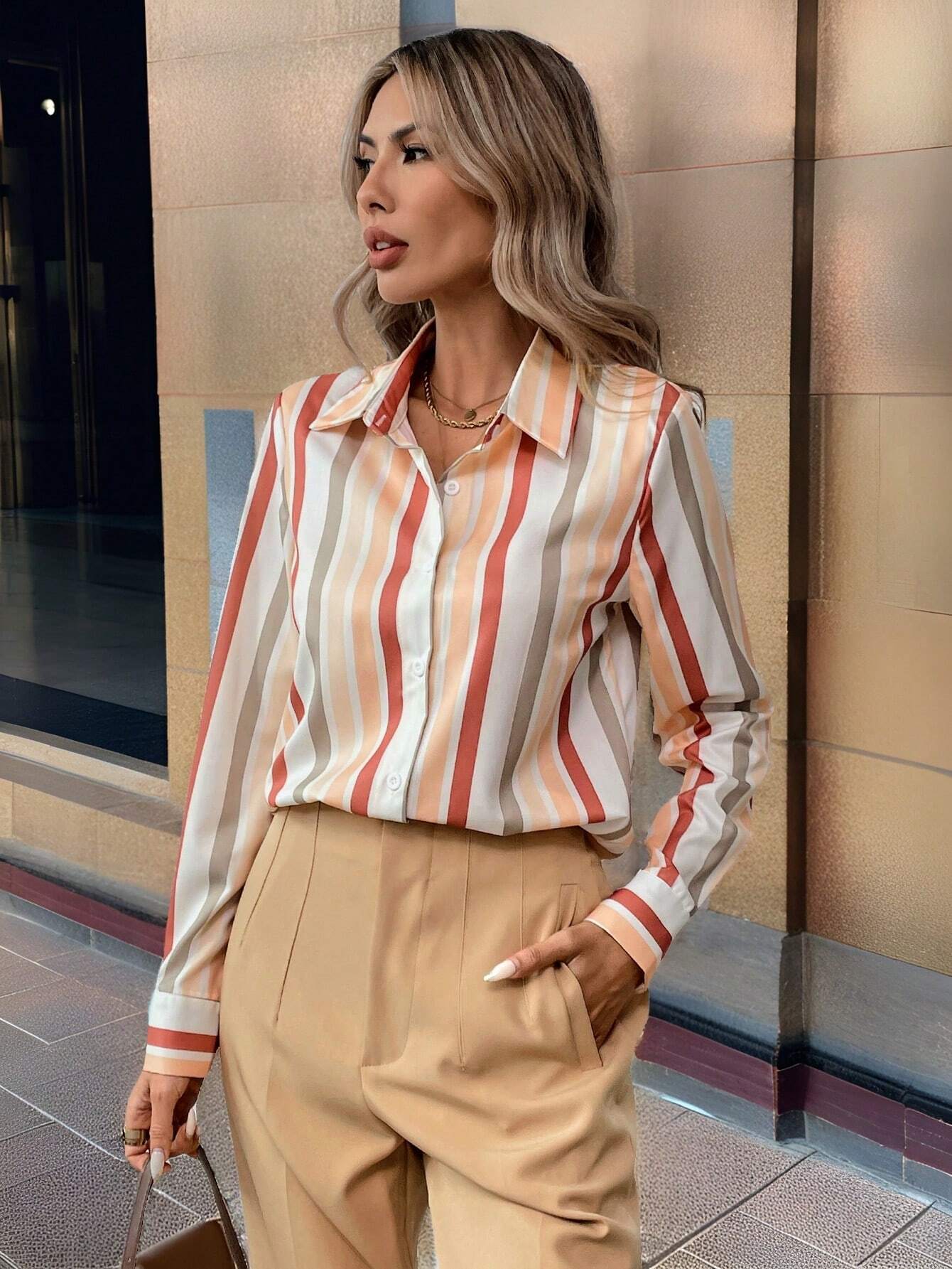 Women Loose Long Sleeve Casual Striped Shirt
