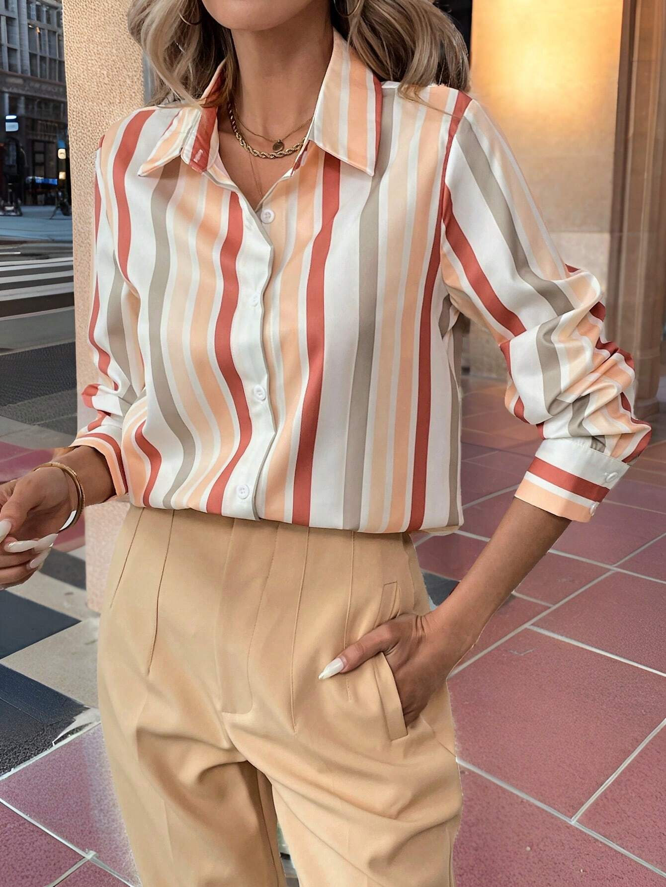 Women Loose Long Sleeve Casual Striped Shirt