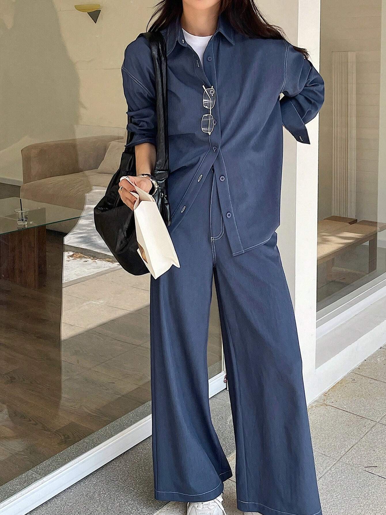 Solid Color Loose Blouse And Wide Leg Pant