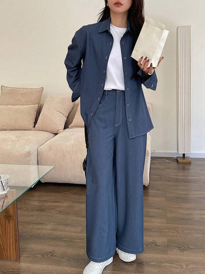 Solid Color Loose Blouse And Wide Leg Pant