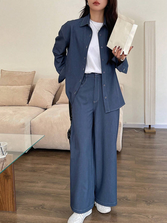 Solid Color Loose Blouse And Wide Leg Pant
