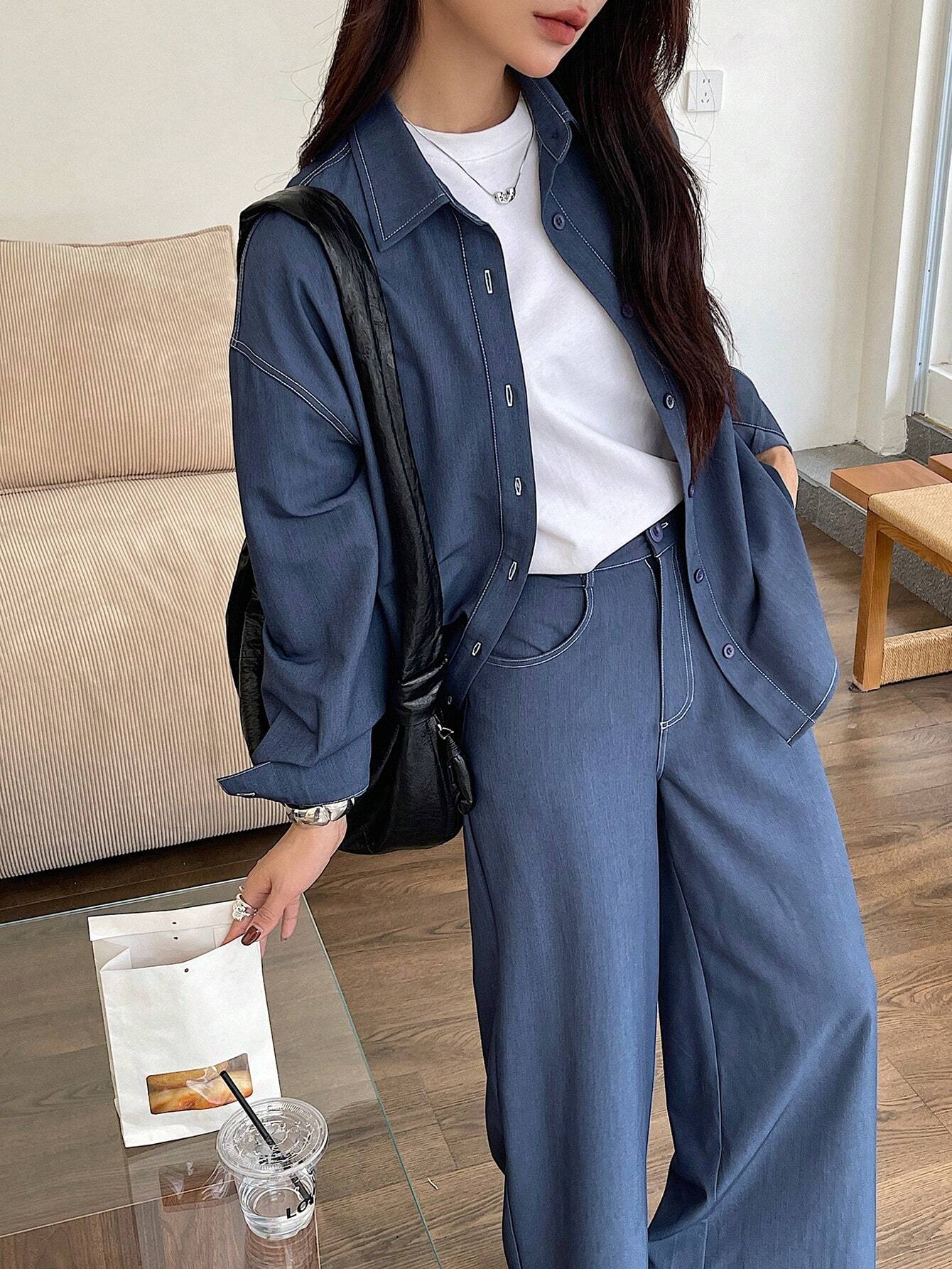 Solid Color Loose Blouse And Wide Leg Pant