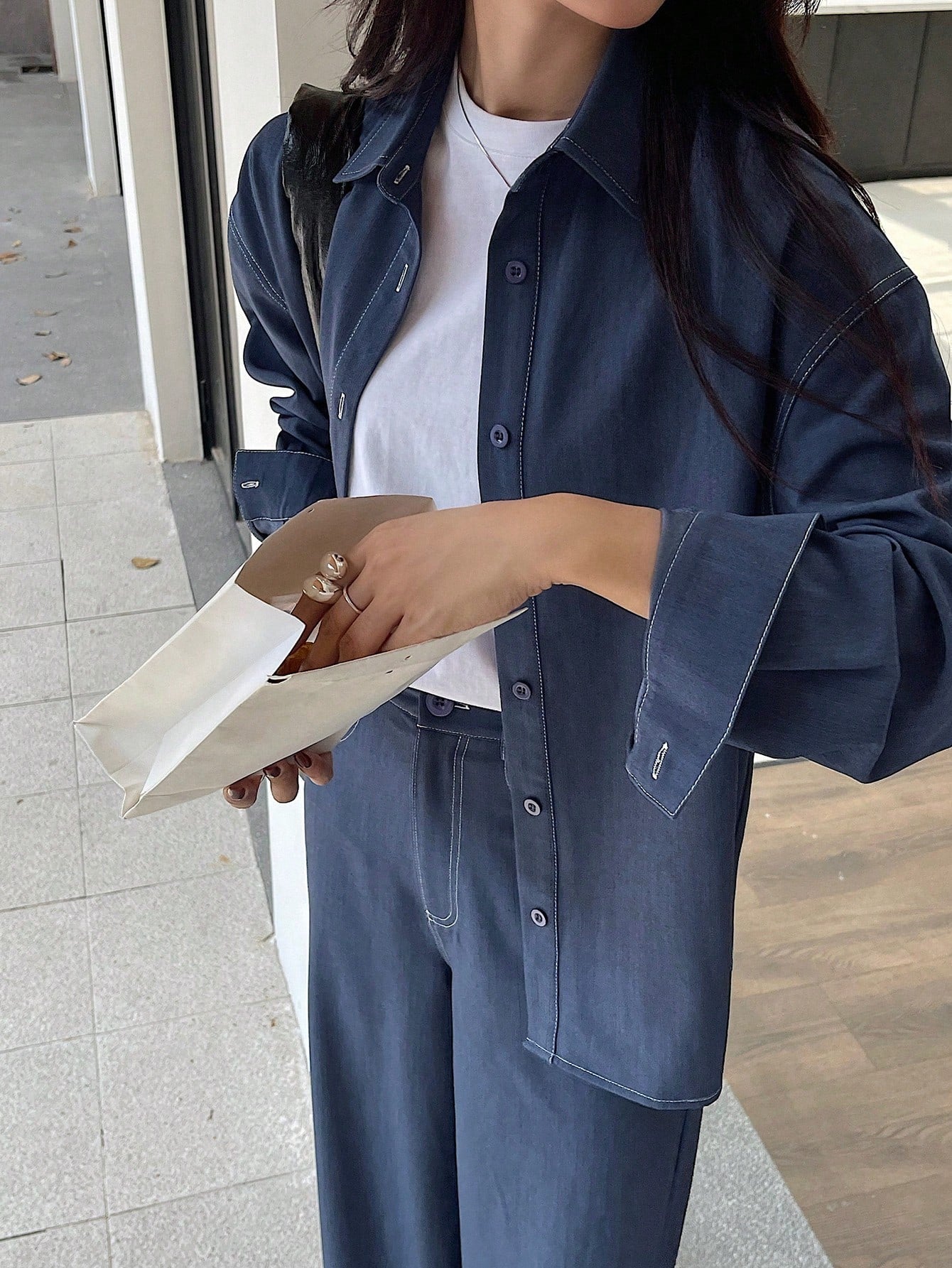 Solid Color Loose Blouse And Wide Leg Pant