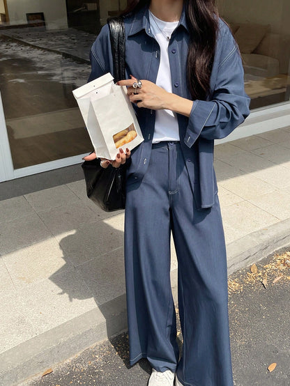 Solid Color Loose Blouse And Wide Leg Pant