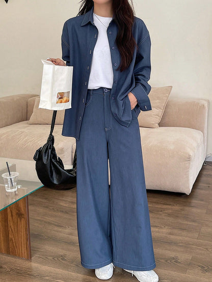 Solid Color Loose Blouse And Wide Leg Pant