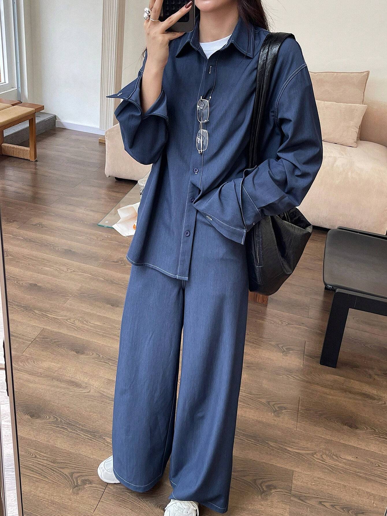 Solid Color Loose Blouse And Wide Leg Pant